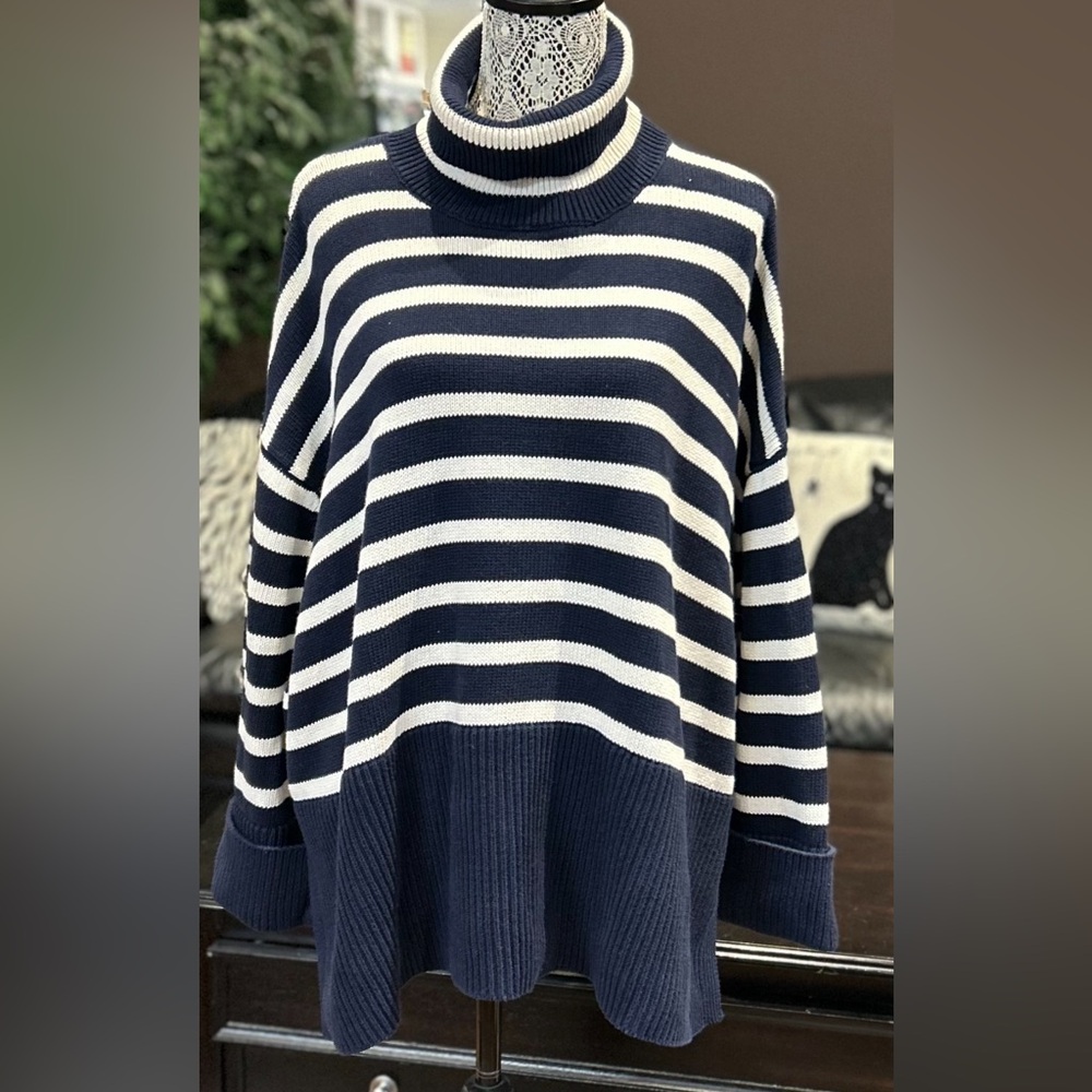GAP Navy and Cream Striped Turtleneck Sweater - Picture 2 of 7